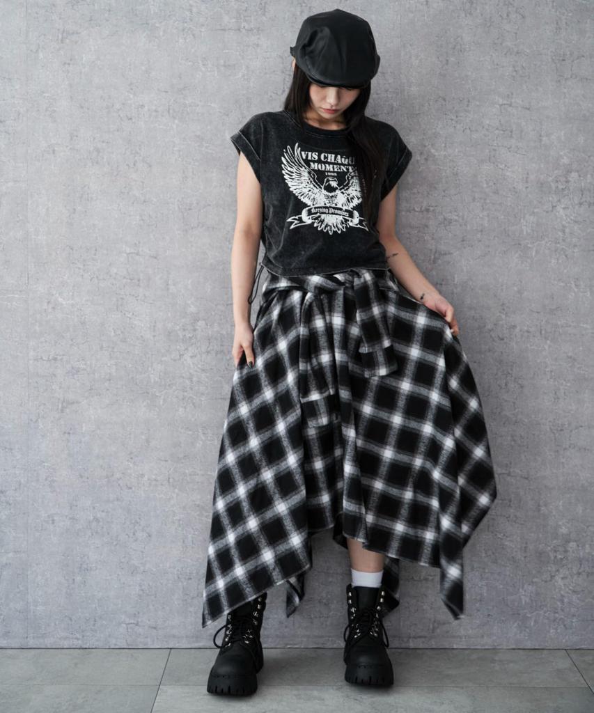 WEGO Irregular Hem Long Checkered Korean Size Black Women's Flannel-Like Skirt, Skirt, Fall/Winter Outfit, Streetwear, Casual, Style, Gift, F,