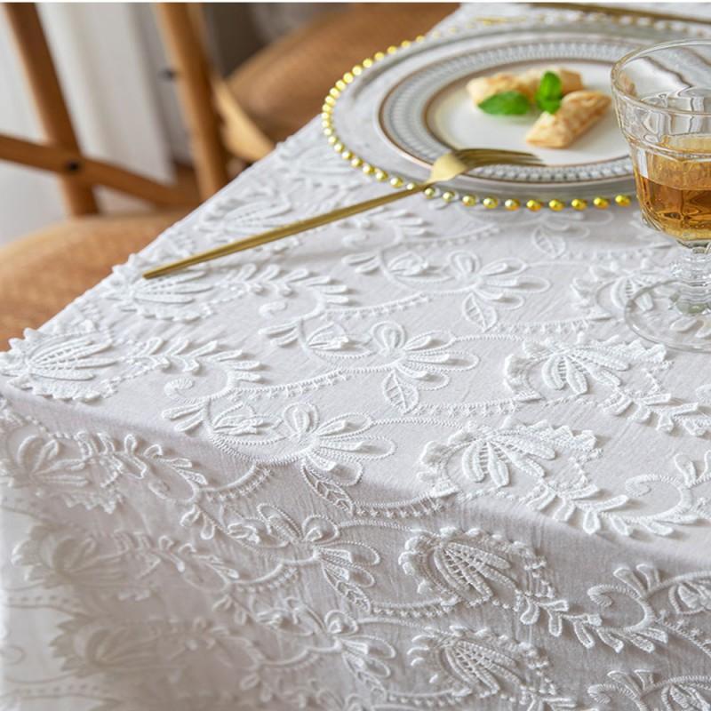 Elegant French Style White Lace Tablecloth With Floral Embroidery Cotton Dining Table Cover Living Room Rectangular