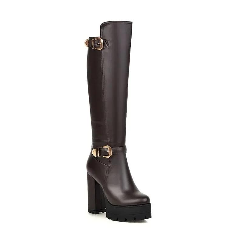 Women's Boots Autumn Winter New Style Fashion Belt Buckle Round Head Zipper Thick Heel High Heel High Boots