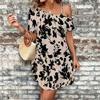 Women Oblique Shoulder Metal Buckle Strap Dress Tropical Jungle Floral Short Dress