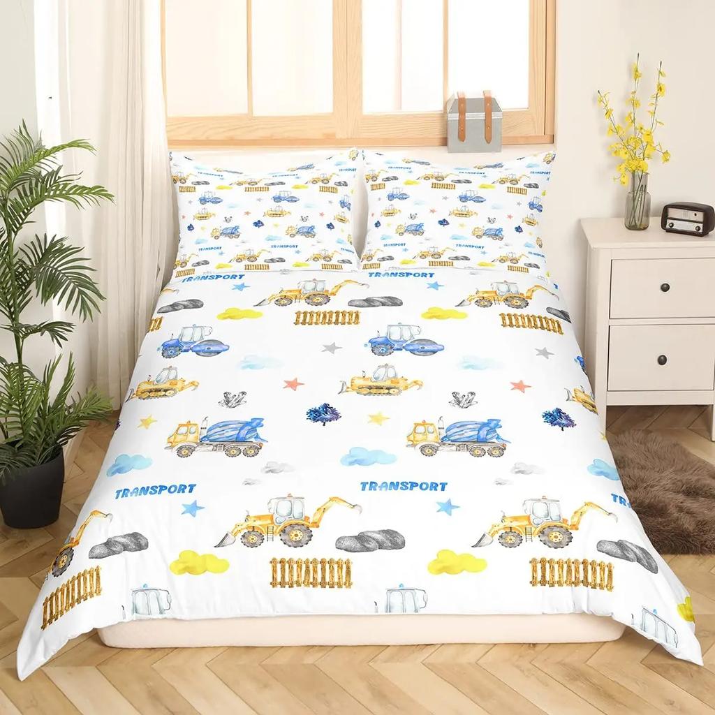 Truck Excavator King Queen Duvet Cover Yellow Tractor Bedding Set For Kids Boys Girls Cartoon Car Transporter 2/3Pcs Quilt Cover