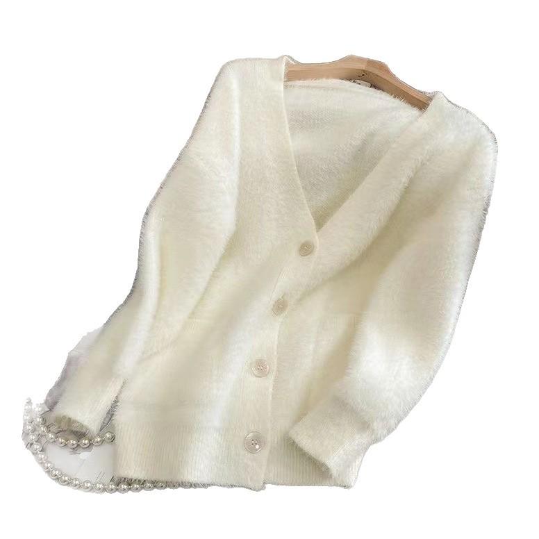 White Imitation Mink Sweater Cardigan Women's Autumn and Winter New Soft Top Thickened Loose Lazy Wind Knitted Sweater Jacket