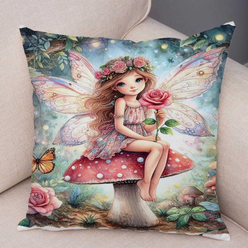Niedlicher Cartoon Waldmädchen Elfen Kissenbezug Doppelseitig bedruckter Kissenbezug Deko für Sofa Zuhause Superweicher Plüsch Kissenbezug 40x40cm