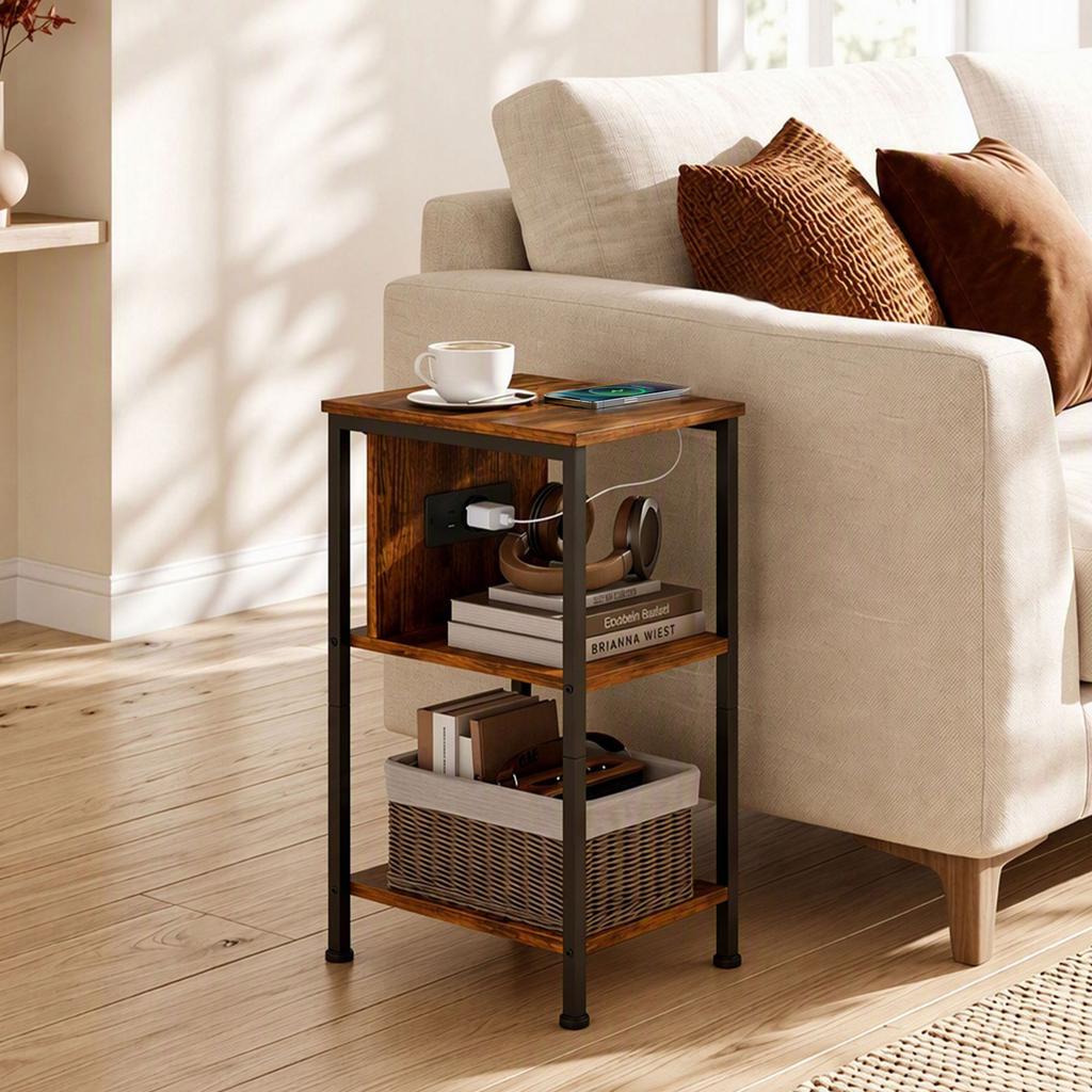 Side Table with Charging Station and 2 Open Shelves, Tiger Wood Look