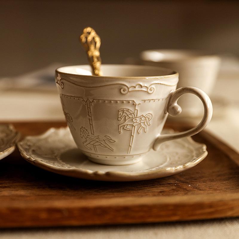 French Retro Embossed Ceramic Coffee Cup & Saucer Set for Afternoon Tea or Latte Art