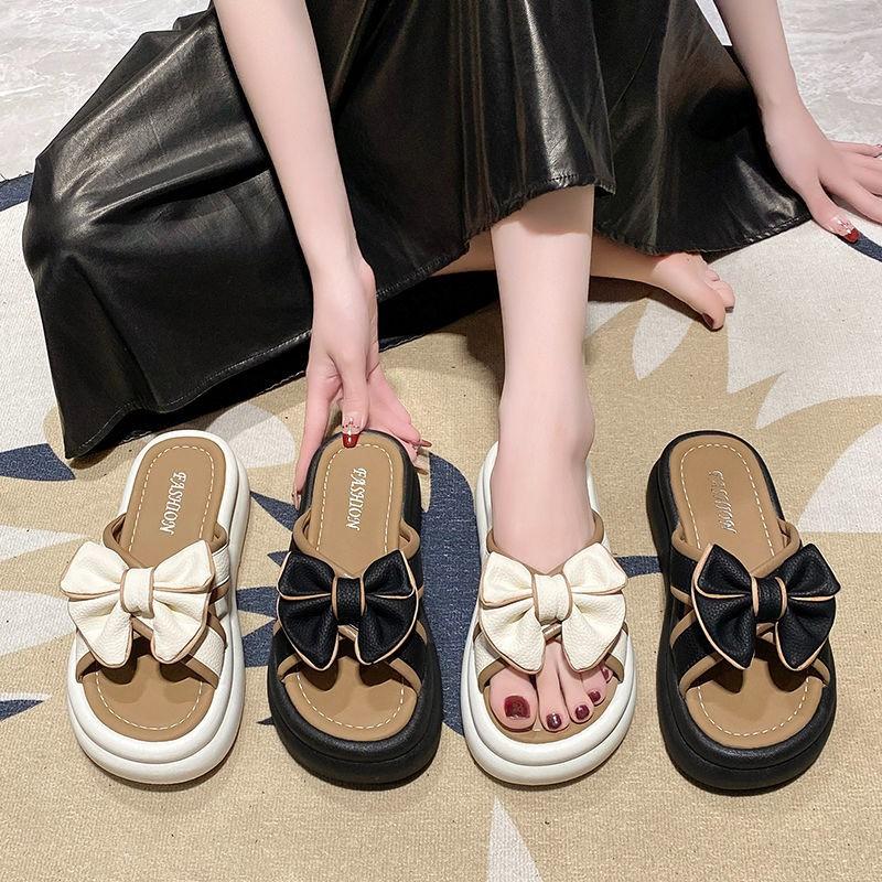 Thick-soled slippers women's summer outer wear 2025 new fashionable versatile bow non-slip high-end sense one-word sandals women