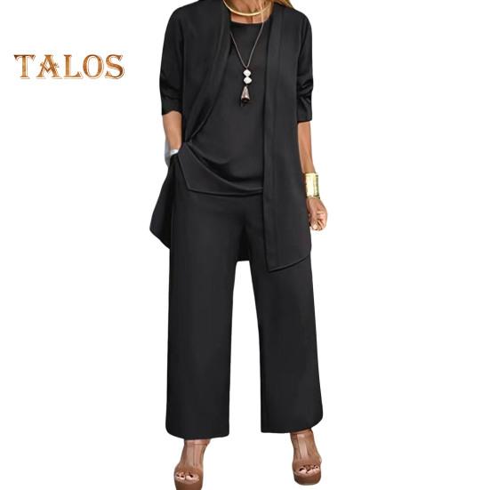 

3 шт./комплект женский пальто жилет брюки комплект кардиган O-образный вырез без рукавов жилет эластичный пояс широкие брюки повседневный брючный костюм осень-весна повседневная одежда наряд M