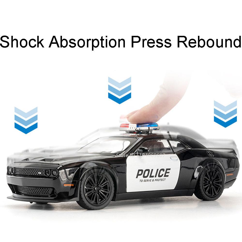 1:22 Challenger SRT Police Car Model Toys Metal Die-cast Pull Back Sound Light 4 Doors Opened Vehicle for Boys Birthday Gifts