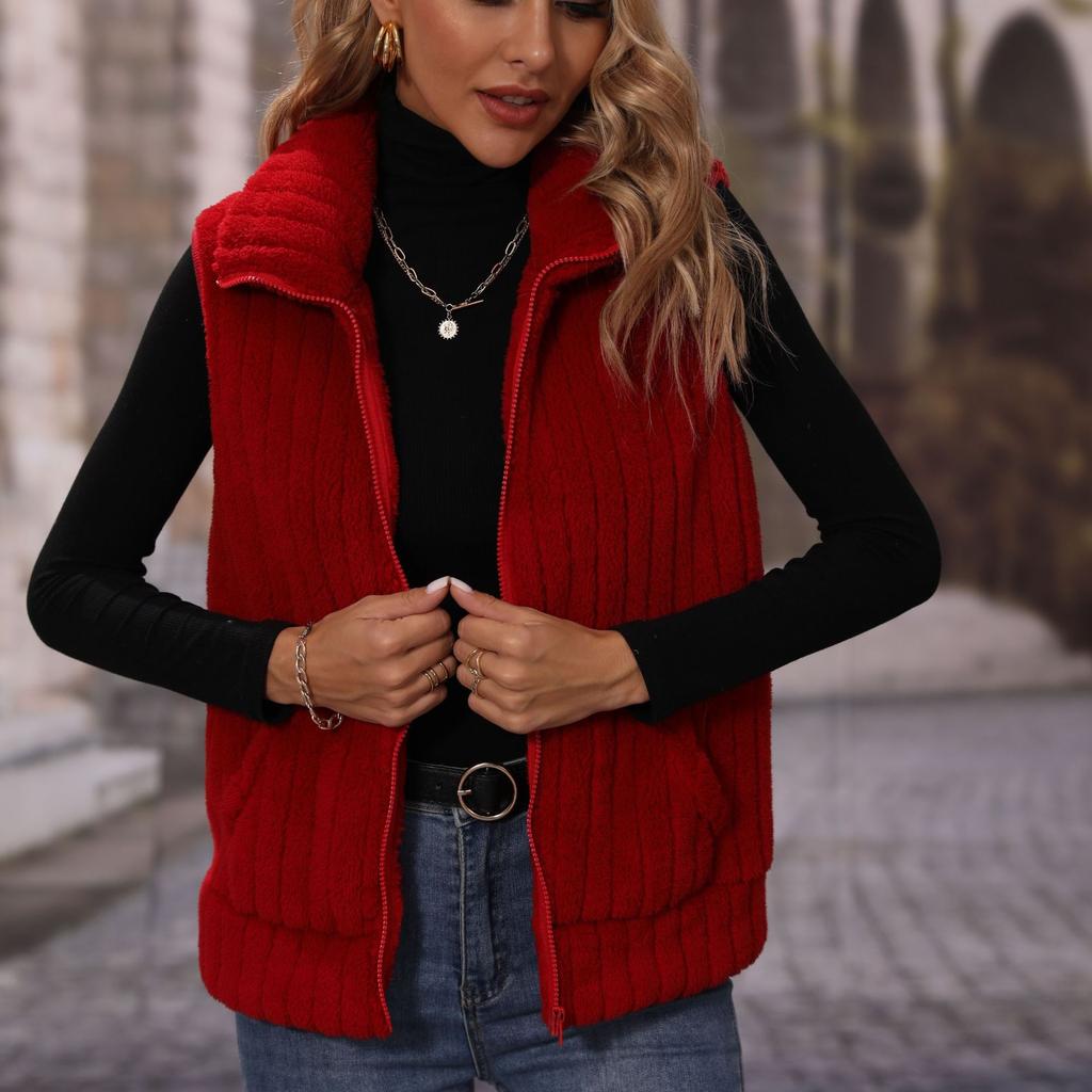 GMXIA Shimmering Fashion Autumn Women's Lapel Sleeveless Loose Striped Zipper Plush Casual Vest Coat