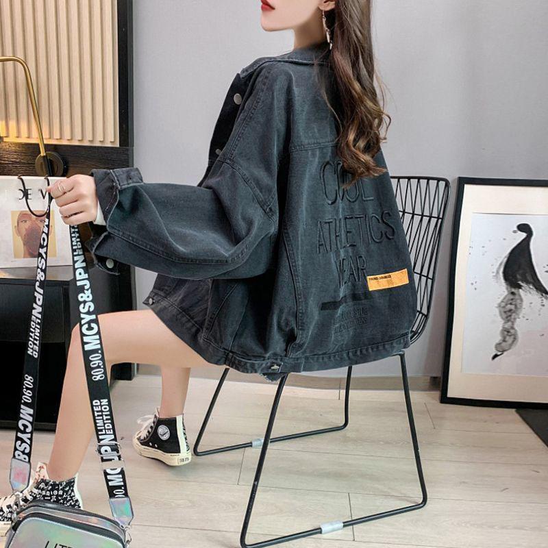 Denim Jackets Women Streetwear Oversized Jeans Coat Bf Korean Vintage Letter Embroidery Loose Casual All Match Outwear