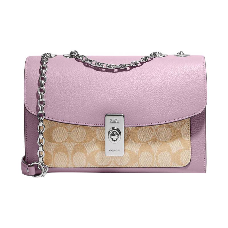 

COACH Lane 26 coated canvas and pebbled leather hand-held crossbody shoulder bag medium women s khaki presbyopic and pink рожевий