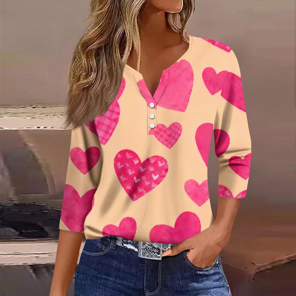 Women's Fashion Button-Up V-Neck Three-Quarter Sleeve Valentine's Day Print Top
