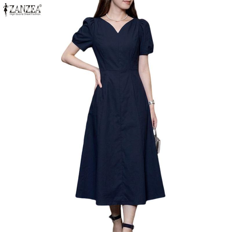 ZANZEA Women Casual V-Neck Solid Color Summer Short Sleeve Dress