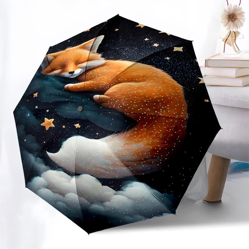 1pc Sleeping Fox In Starry Sky Umbrella with Plastic Handle,Vibrant Cartoon Pattern,Multi-functional UmbrellaPT225