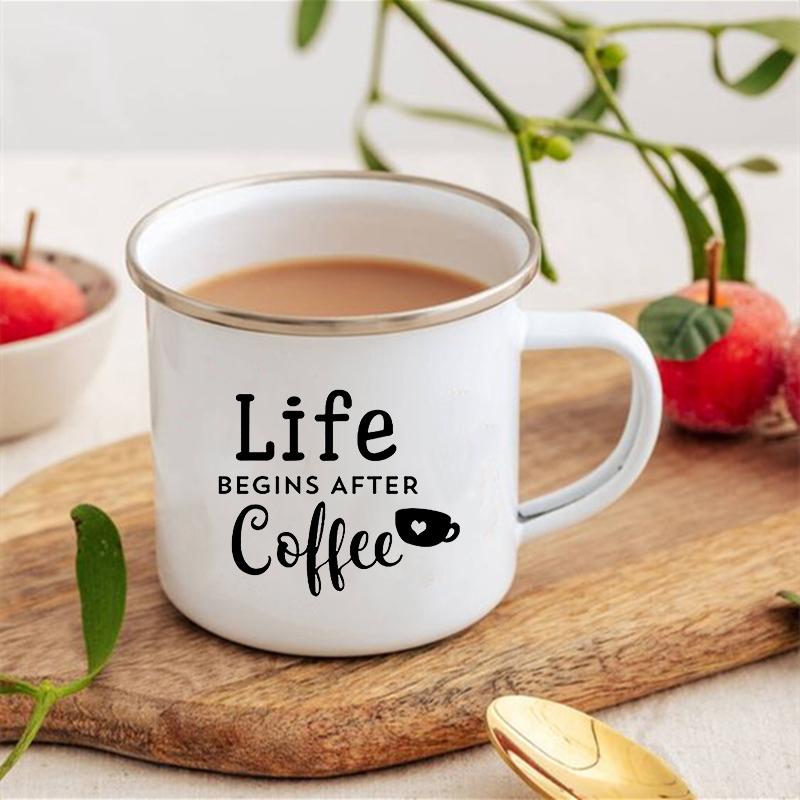 Life Begins After Coffee Print Mugs Creative Coffee Tea Drink Dessert Breakfast Milk Cup Enamel Mugs Handle Drinkware Best Gifts 360ml