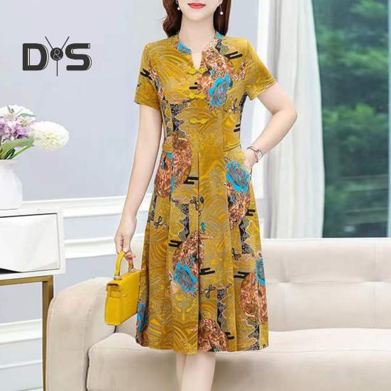 Women Summer Dress V Neck Long Sleeve Chinese Style Short Sleeves Printed A Line Pleated Pockets Knee Length Mid Aged Women Mother Midi Dress