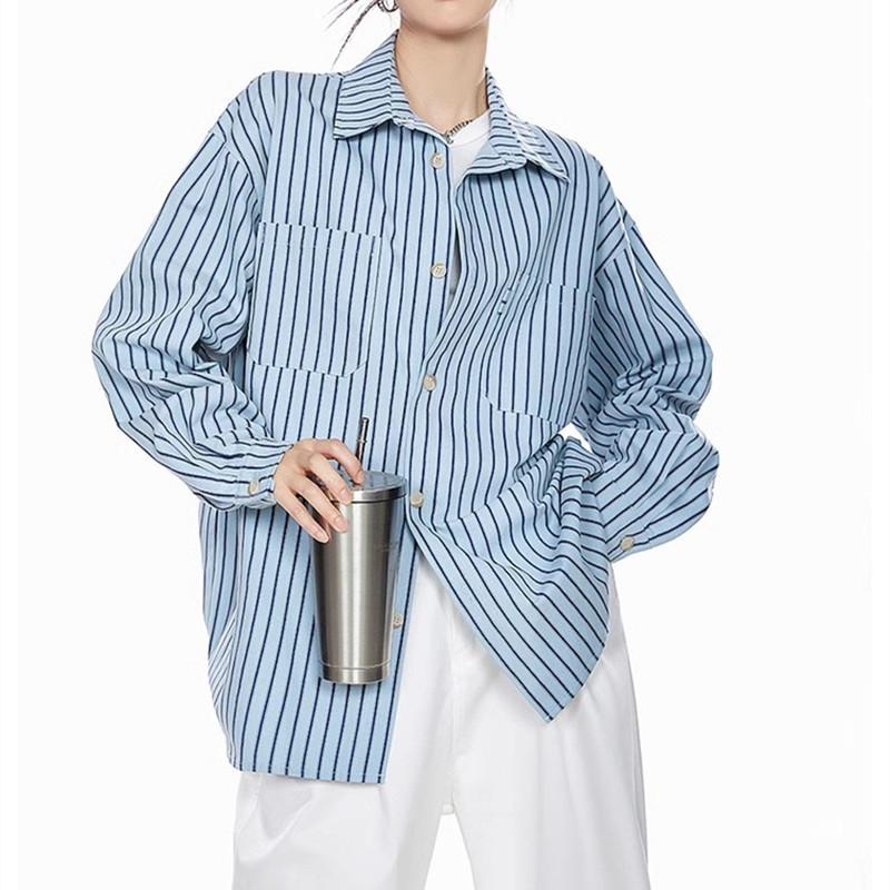 

Американская рубашка-куртка в ретро-полоску с отложным воротником, Коллекция Весна 2025, Повседневный свободный топ с длинным рукавом. M синий