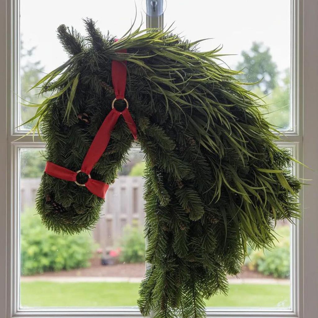 Outdoor Pferdekopfwreath Künstliche Grünpflanzen Pferdekopftür-Weihnachtskranz Lustiger Türkranz mit roter Schleife Dekorationen