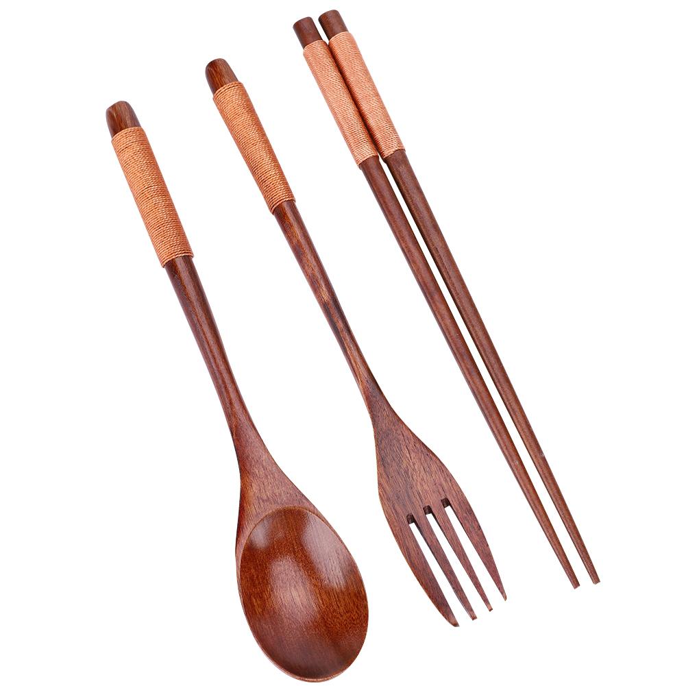 Wooden Chopsticks Spoon Fork Tableware Dinnerware 3pcs Set (with black thread)