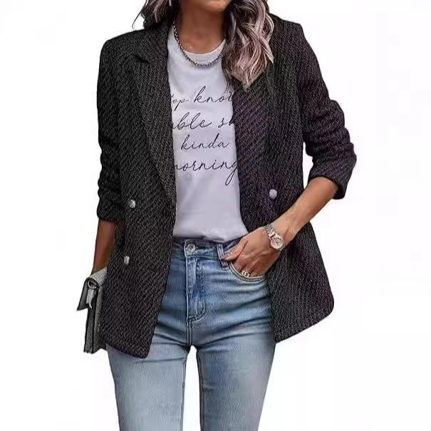 Women's Grey Black Tweed Double Breasted Blazer Jacket with Notched Lapel, Casual Office Wear