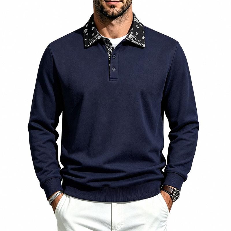 Men Patchwork Collar Sweatshirt Long Sleeve Button Pullover Tops Autumn Winter Casual Loose Fit Men's Sweatshirts Daily Male Clothing