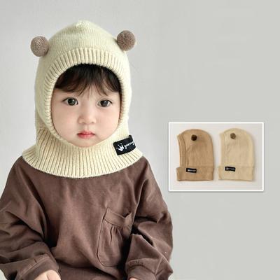 Süße Pompom Kinder Sturmhaube Hut Winter warme Ohrenschutz Kappe Schal einteilig einfarbig Cartoon Wolle Kinder Beanie Caps