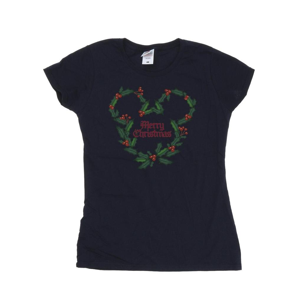 Disney Womens/Ladies Mickey Mouse Merry Christmas Holly Cotton T-Shirt