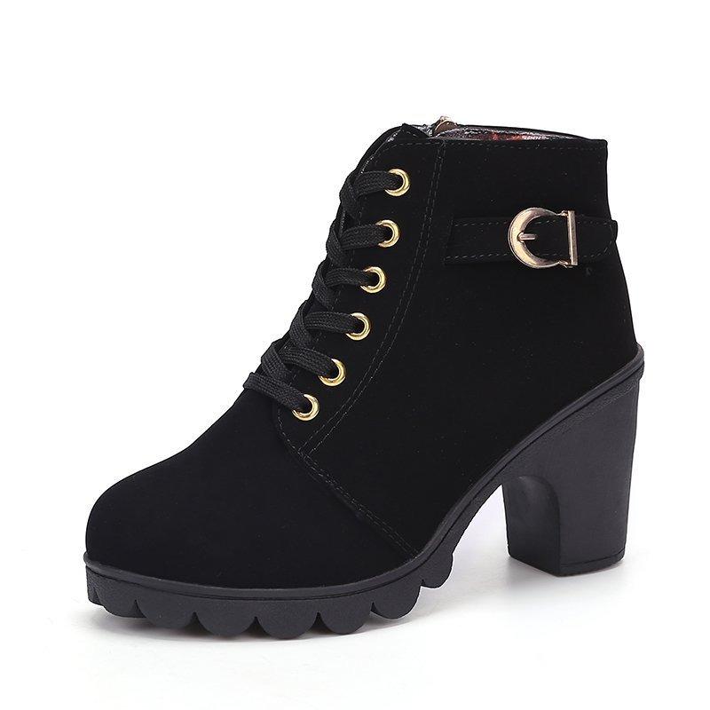 Autumn and Winter New High-heeled Women's Boots Cross-strap Short Boots Belt Buckle Thick-heeled Martin Boots Leather Boots Women Shoes