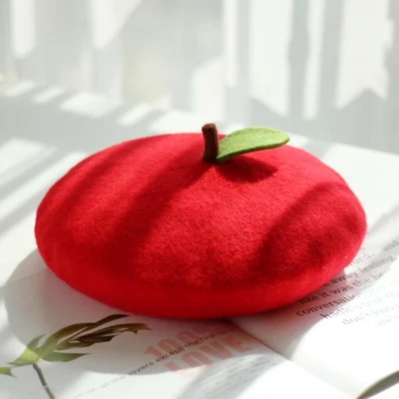 Women's Beret Handmade DIY Fruit Green Apple Painter Hat Cute Girl Little Leaf Woolen Hat Autumn and Winter Outdoor Warm Beanie