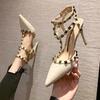 Pure Desire Ceiling Thin Heel 2025 Spring New Pointed One-word Buckle Rivet Patent Leather European and Korean High Heels Bag Head Sandals