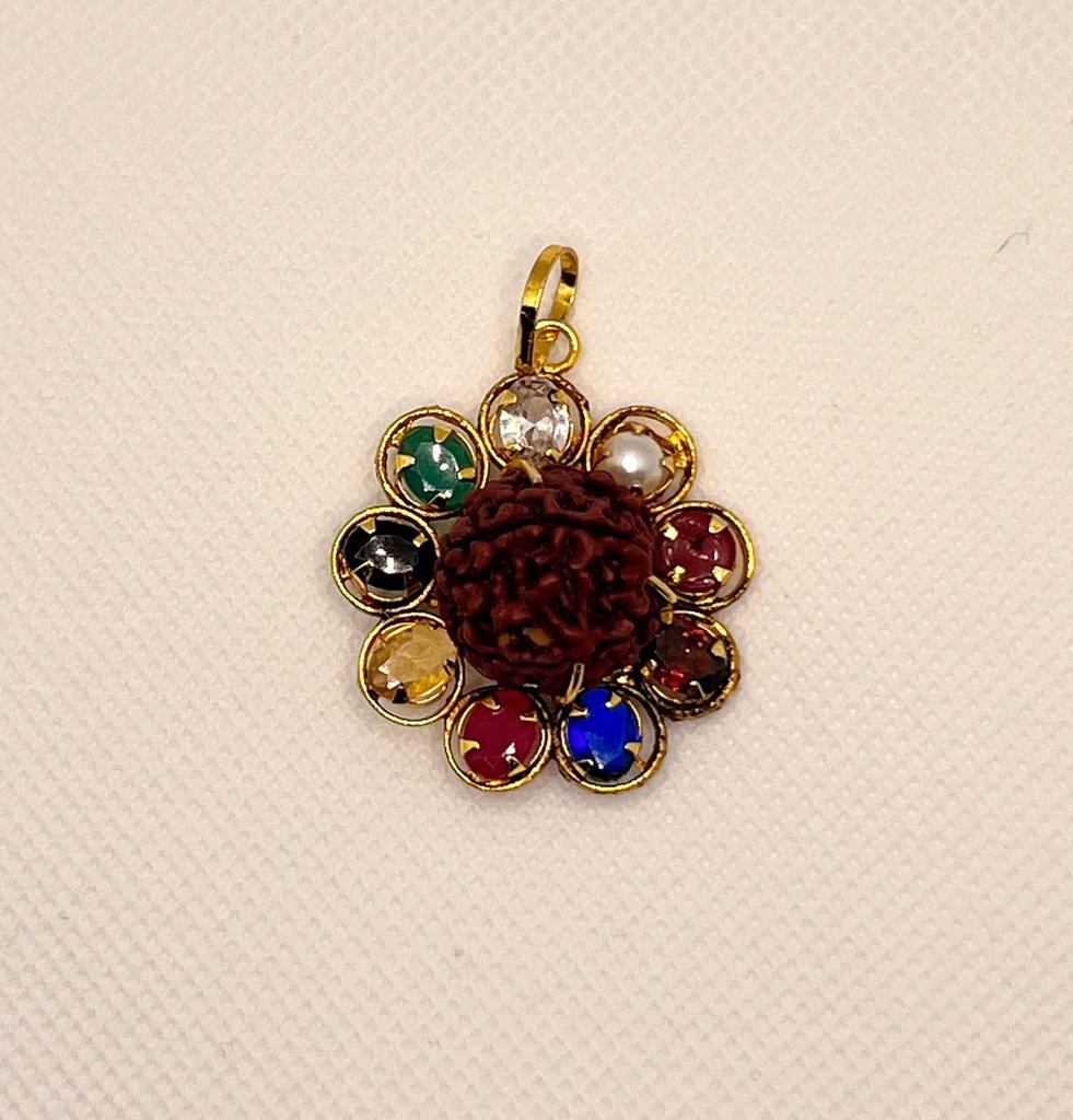 Rudraksha Navratna Locket with Nine Gemstones, Spiritual Power Necklace Pendant, Perfect for Meditation & Healing, Perfect for Everyday Wear