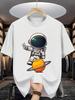 Unisex O Neck Tee Astronaut Planet Cartoon Print Cotton Short Sleeve Loose Summer Street Breathable Daily Casual Basic Wear Top