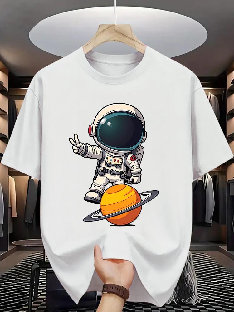Unisex O Neck Tee Astronaut Planet Cartoon Print Cotton Short Sleeve Loose Summer Street Breathable Daily Casual Basic Wear Top