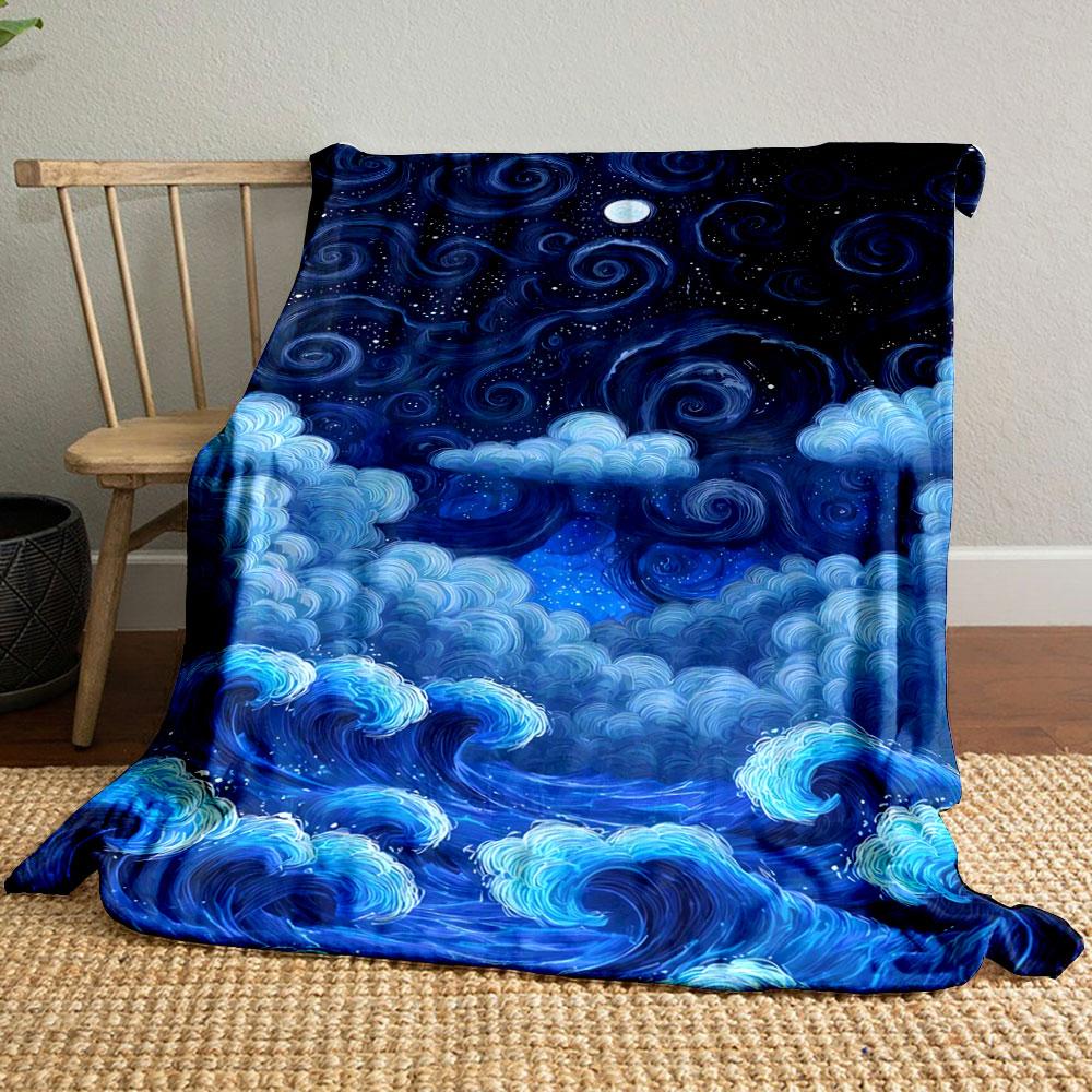 Swirling Patterns of Waves, Clouds, and a Starry Night Sky with a Moon. for All Seasons Blanket Lunch Break Throw Gift