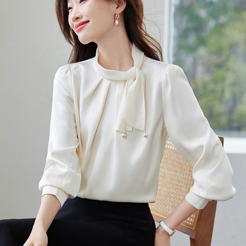 Women Blouses Shirts 2025 Spring Long Sleeve Women Blouse Shirt Bow Collar Solid Elegant Blouse Shirt Women Tops J909