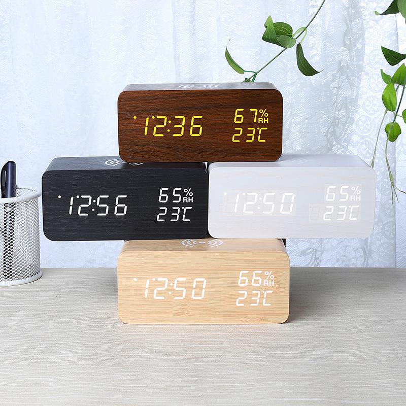 Smart Wireless Charging Clock Creative Electronic Wooden Clock Digital Wireless Fast Charging Temperature Alarm Clock
