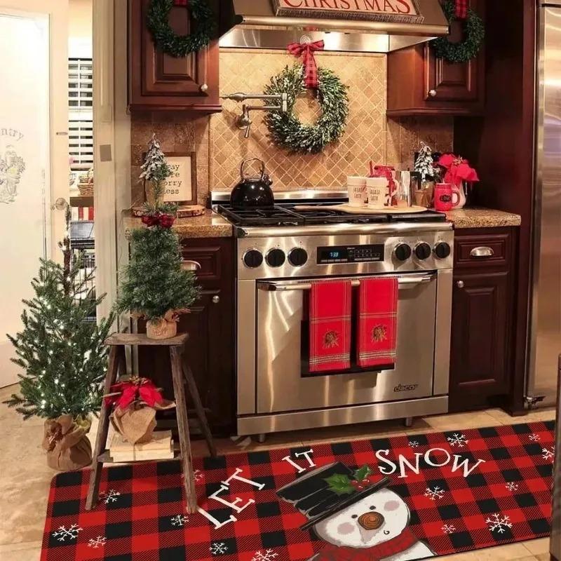 Crystal Velvet Christmas Kitchen Floor Mat with Edge Trim Soft Non Slip Holiday Rug for Home Christmas Festive Decoration