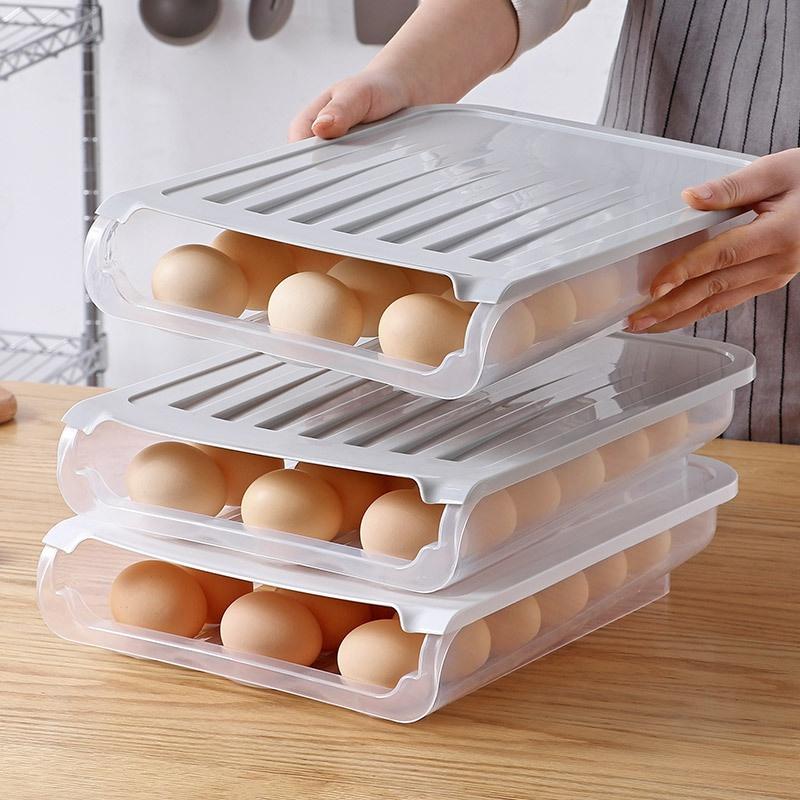 Refrigerator Egg Storage Box with Cover Automatic Rolling Sliding Egg Box Plastic Transparent Can Stack Duck Egg Preservation Box