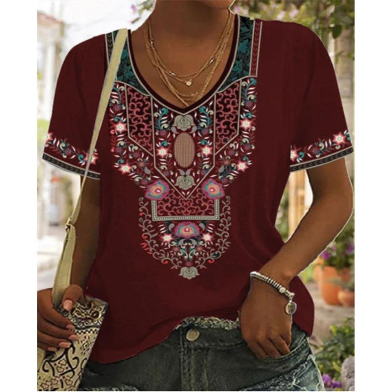 Summer V-neck 3D Retro Ethnic Style Printed Top Fashionable Casual Short Sleeved Women's T-shirts