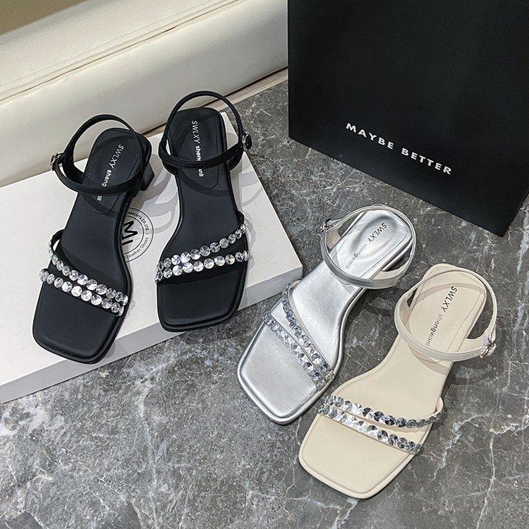 

Rhinestone temperament thick heel with skirt sandals summer new one-word with high heel sandals women 34 чорний