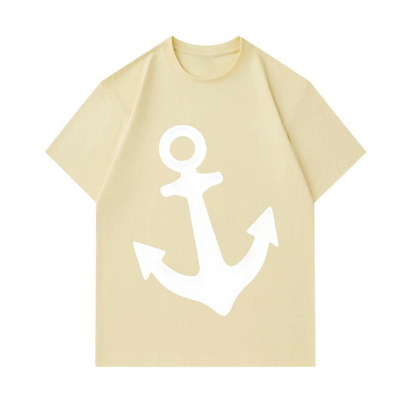 Men's 100% Cotton Short Sleeve Crew Neck T-Shirt, Classic White Nautical Anchor Print Casual Comfortable Tee, Breathable Lightweight Summer Top for Da