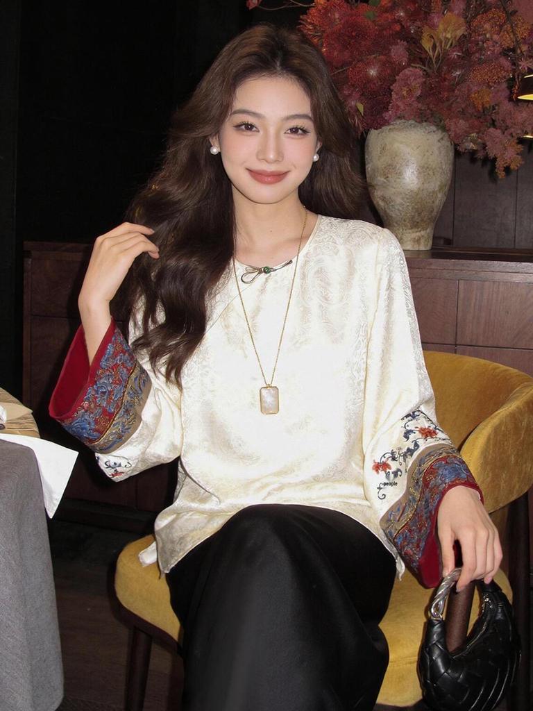 Rong Tai Women's 2026 Spring Frog Button Silk Jacquard Long Sleeve Shirt - Slimming Chinese Style Top