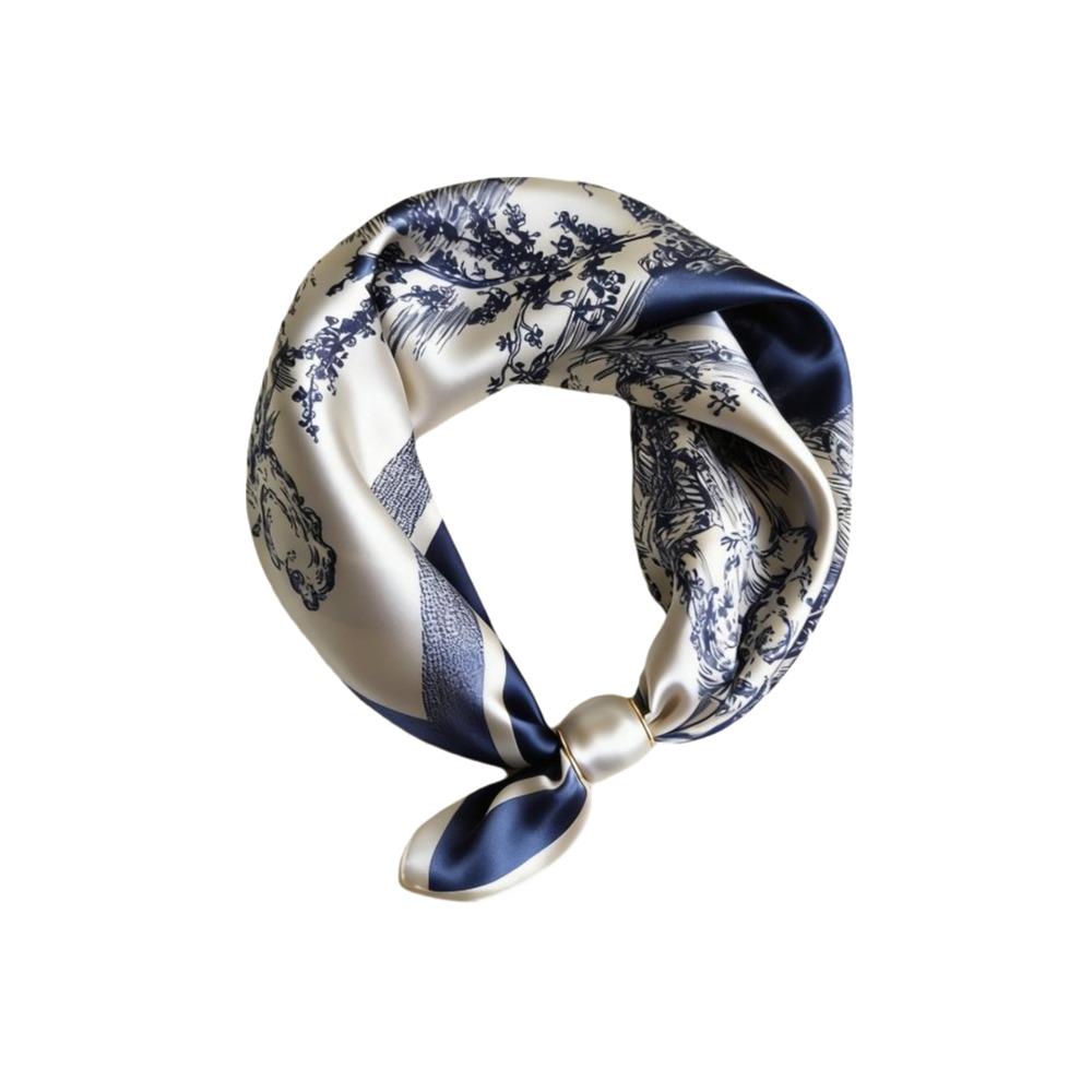 Breathable Silk Scarf Lightweight Printed Neck Scarf Elegant Pearl Buckle Scarf  Women