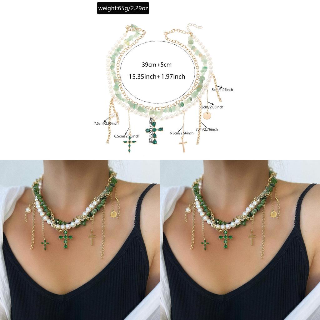 Pearl Necklace For Women Geometric Pendant With Cross Charm Elegant Layered Jewelry