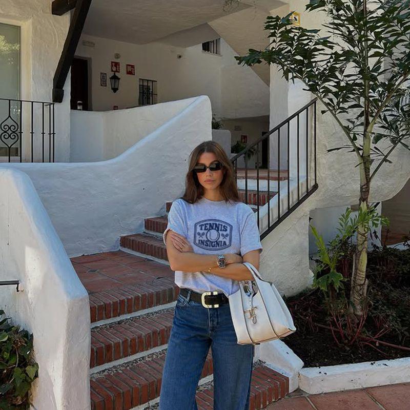 Tennis Insignia Niche Style American Retro Style Tennis Logo Pure Cotton Print Shoulder Short Sleeve T-shirt for Women