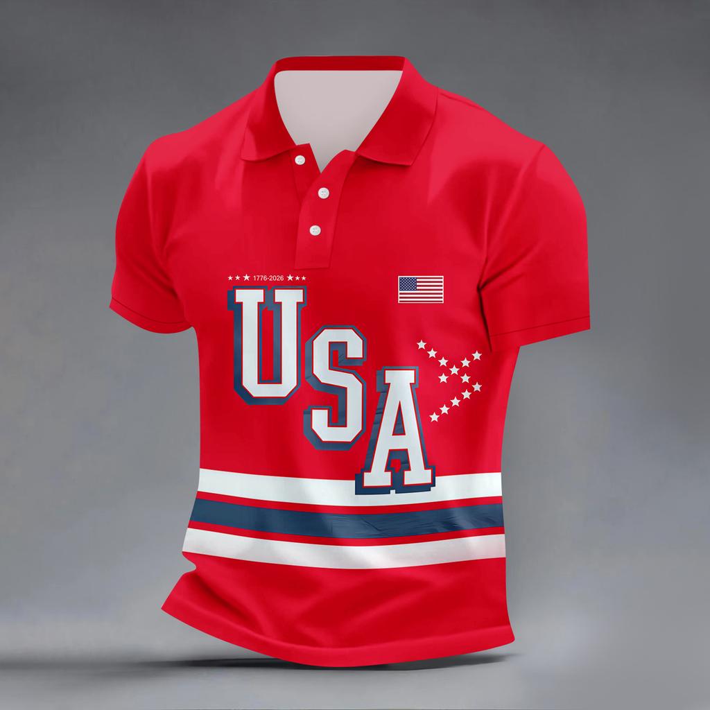 Men’s Short Sleeve Polo Shirt with USA Letter Print Flag Graphic and Striped Design Casual Fit