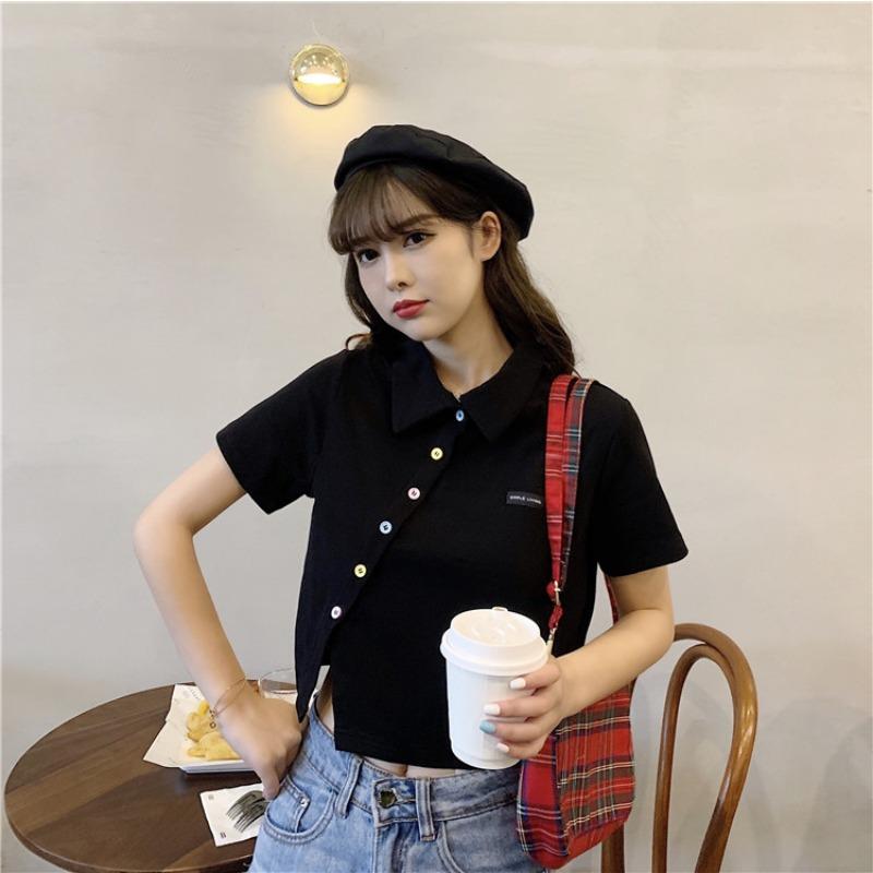New Polo Shirt Short-sleeved T-shirt for Women with Slim High Waist Lapel Short Student Top