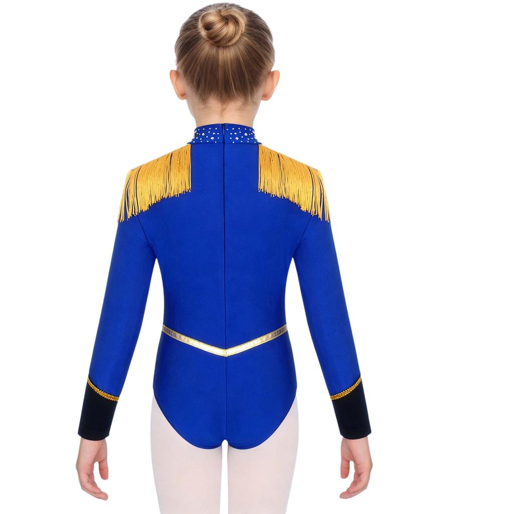 Children‘s Circus Themed Leotard Sparkly Rhinestones Long Sleeve Tassel Shoulder Pads Contrast Color Bodysuit for Stage Performance