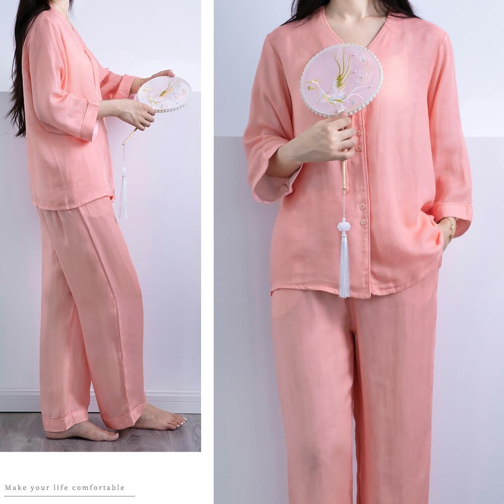 Yes Family Tencel Summer Open Size XL Women's 100% Double-Layered Pajamas, 3/4 Sleeves, Sleepwear, Front, Pink,