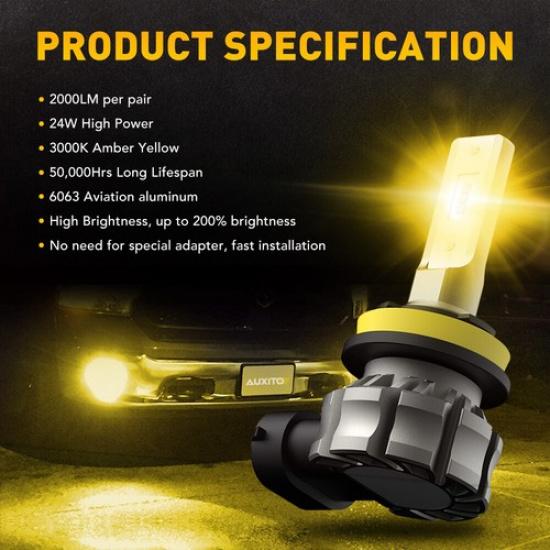 AUXITO H11 H8 LED Foglight High Low Beam Bulb DRL Golden Yellow Fanless B3F EOA